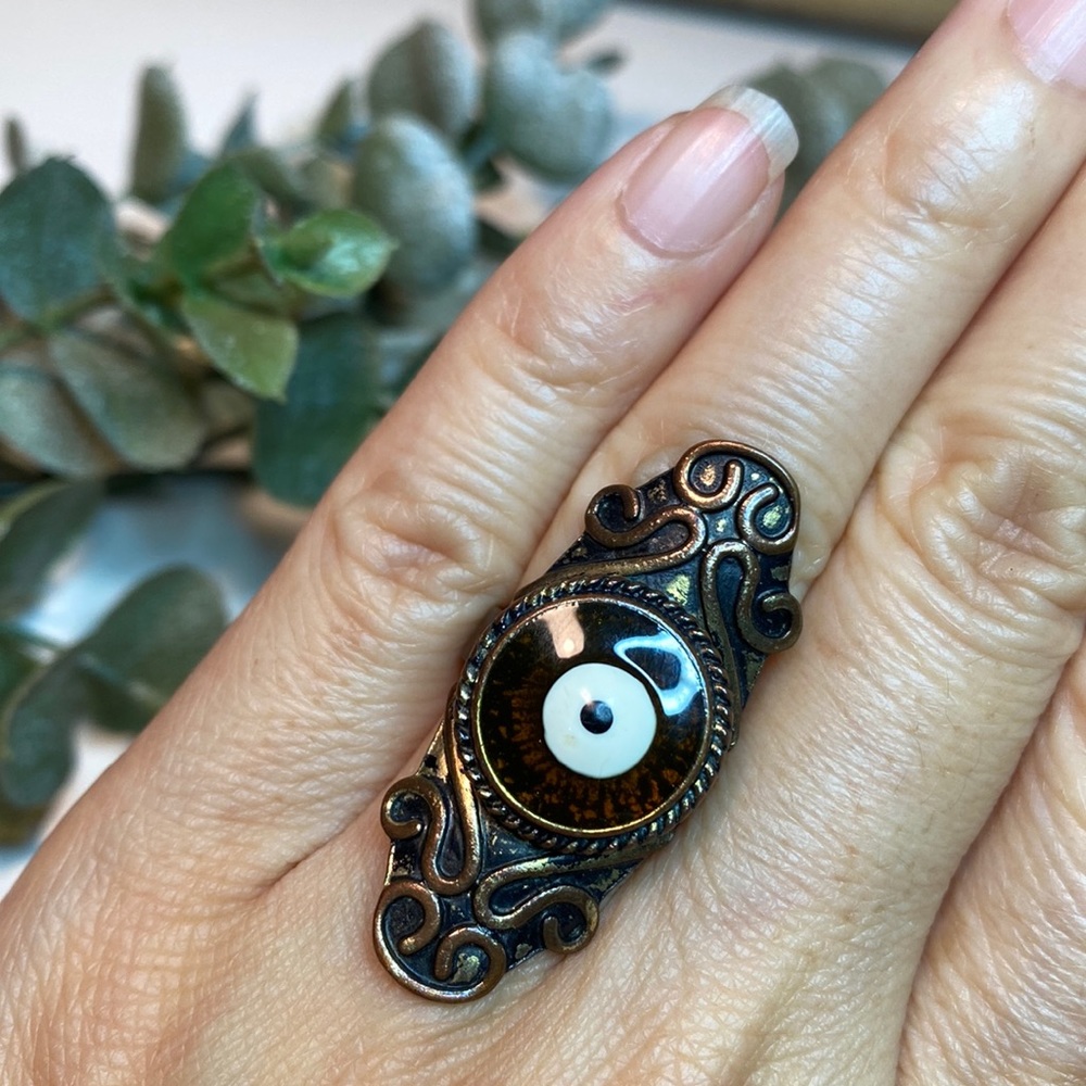 Brass & Enamel Evil Eye Knuckle Ring size 6